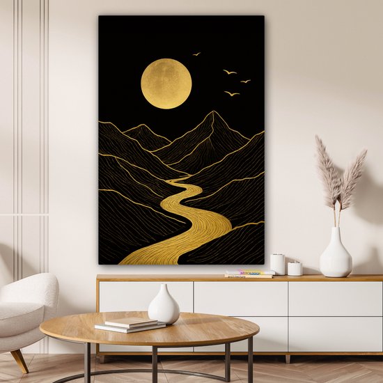 Tableau sur toile 80x120 cm - Décoration murale exclusive Rivière - Or - Lune - Vogels - Décoration murale murale salon - Décoration chambre - Accessoires de décoration - Peintures sur toile