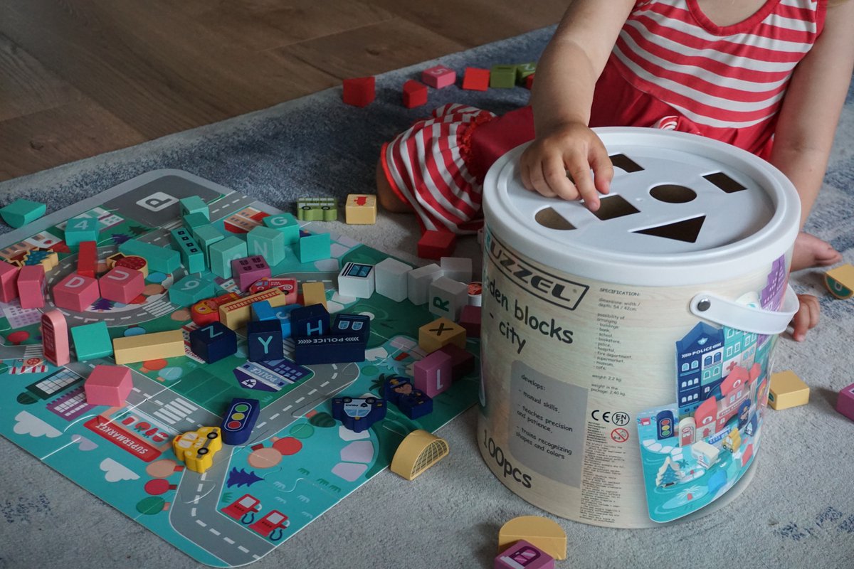 100-delige Houten Blokken Set met Stadspuzzel - Leerzaam Speelplezier - educatief speelgoed - Muziekland - spelen en leren