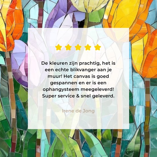 Close-up van een mozaïek schilderij van tulpen met sterbeoordelingen en klantrecensie.