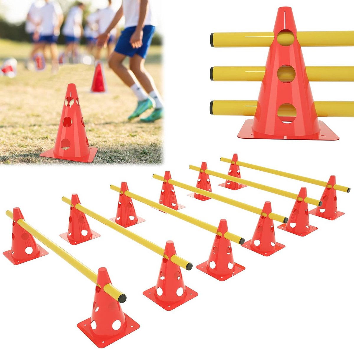 Set van 6 verstelbare steekhorden met 12 kegels voor coördinatietraining en behendigheid