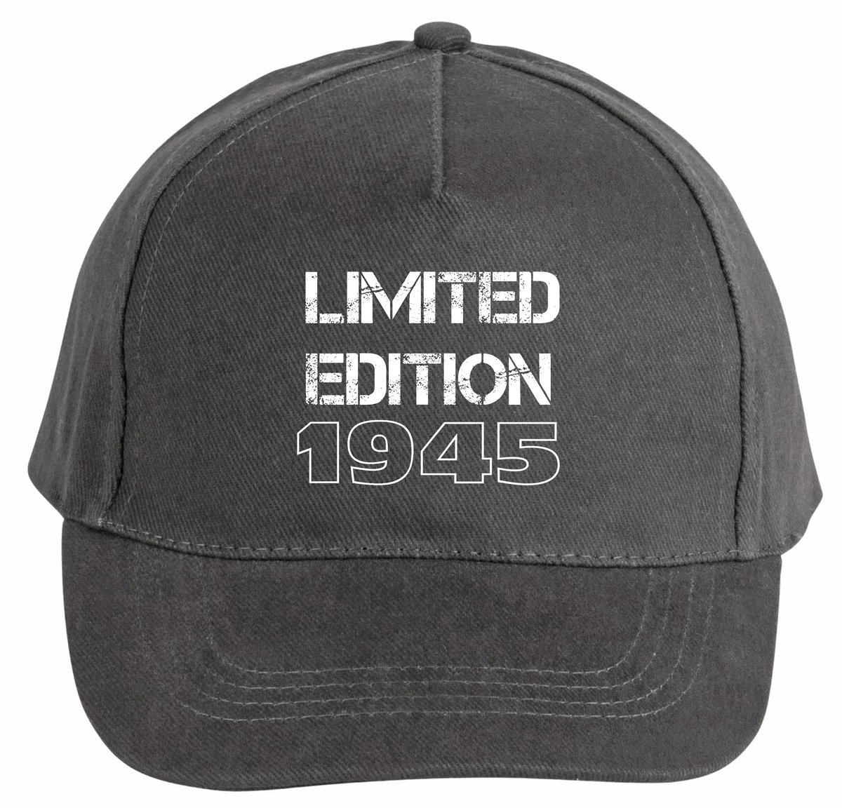 Mijncadeautje - 5 panel - Cap - Verstelbaar - Pet van 100% dik geborsteld katoen- unisex - opdruk wit - Limited Edition - 1945 - chique grijs