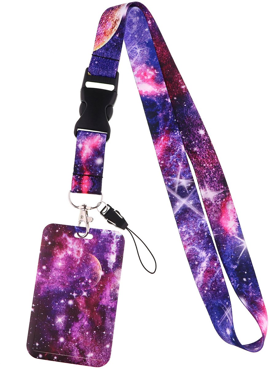 Travel Cords - keycord met pashouder Galaxy Paars - uitschuifbaar - planeten - eenzijdig transparant venster - lanyard - passen, sleutels en telefoon - met telefooncord - hardcase