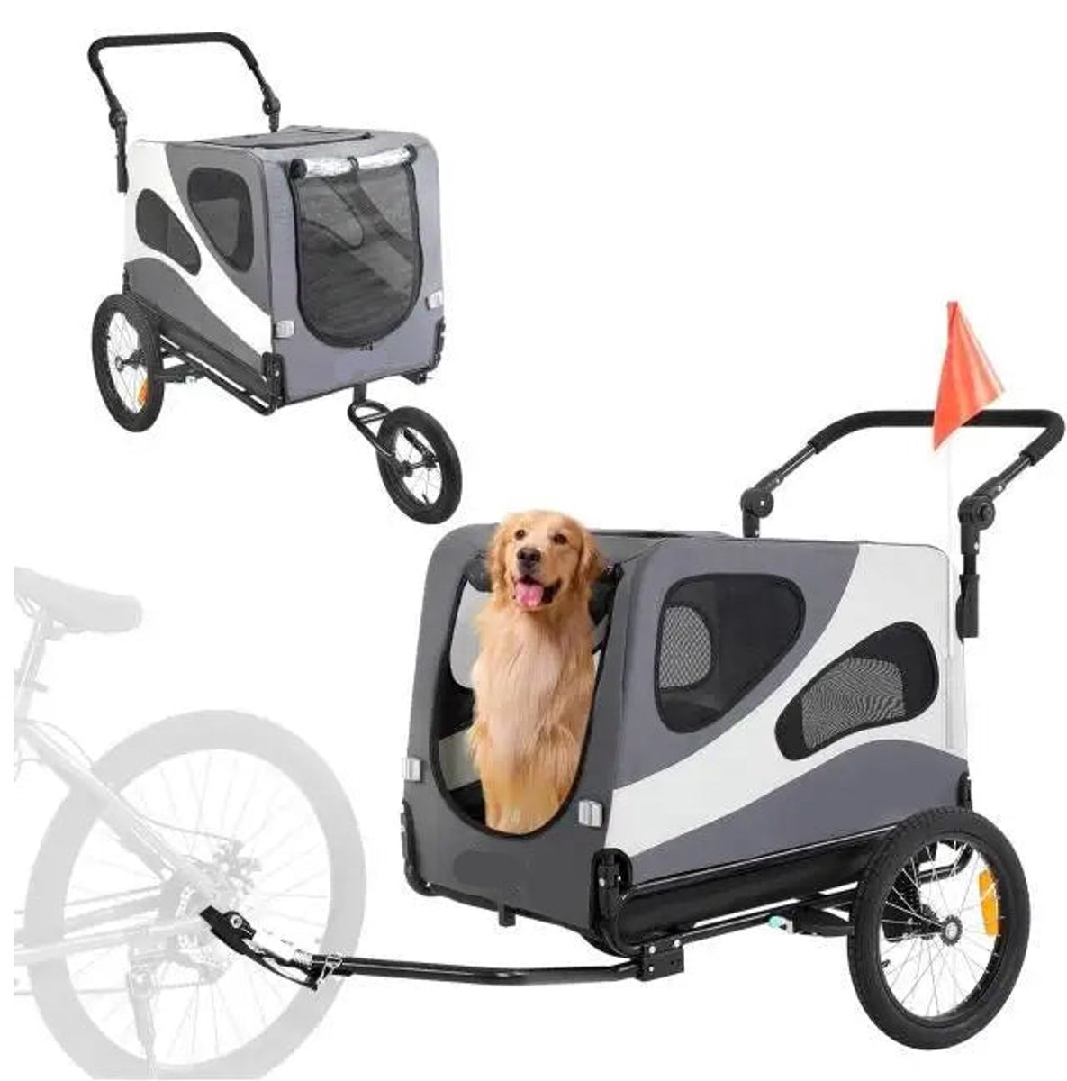 Fietskar - Fietsaanhanger - Transportaanhanger - Kar - Huisdier Kinderwagen - met Vlag - Mesh-vensters - Draagkracht 45kg - Weerbestendig - Oxfordstof - Metalen frame - 81 x 56 x 60 cm - Zwart & Grijs