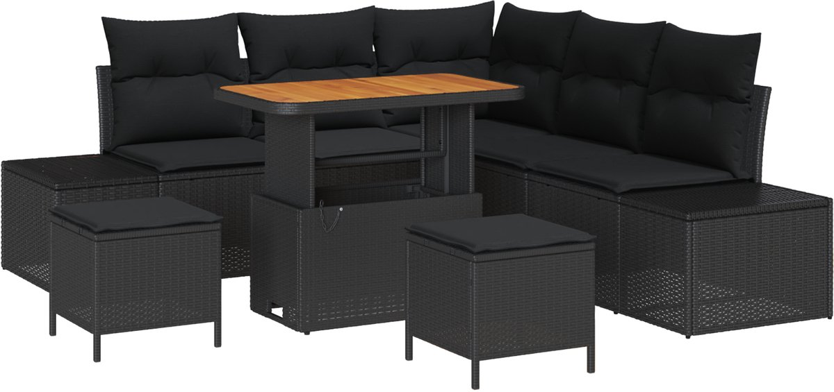 vidaXL - Tuinbank - Set - met - kussen - 8 - pcs - Zwart - poly - rattan