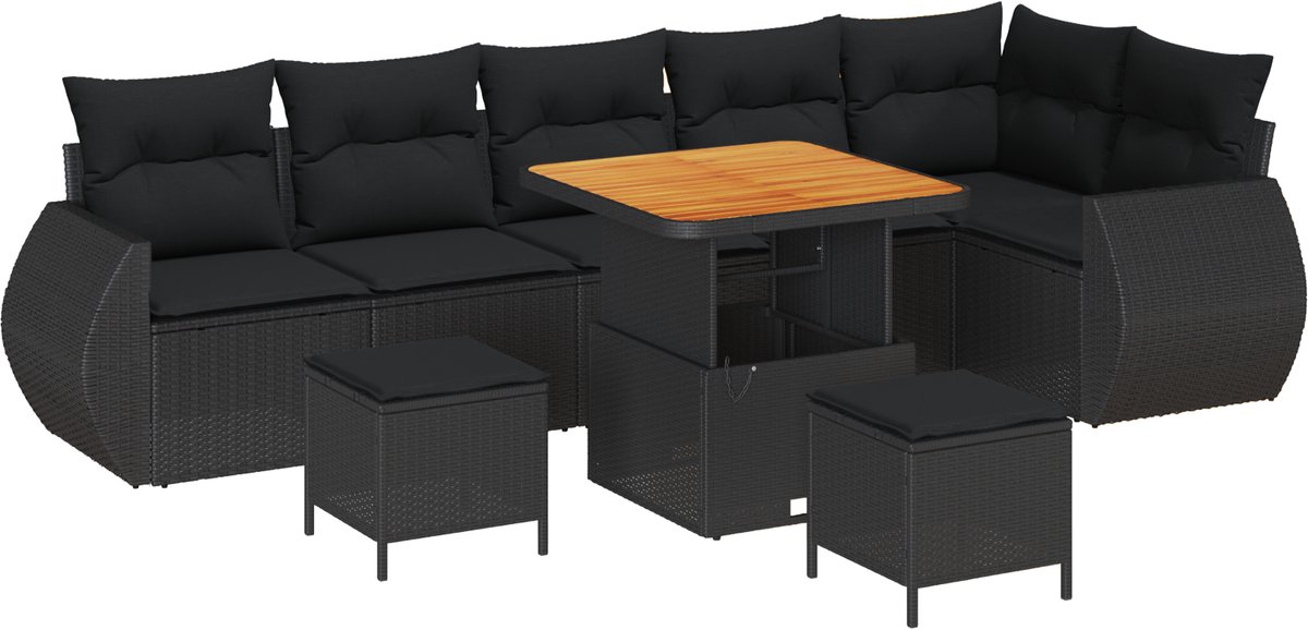 vidaXL - Tuinbank - Set - met - kussen - met - opslag - 9 - pcs - Zwart - Poly - Riet