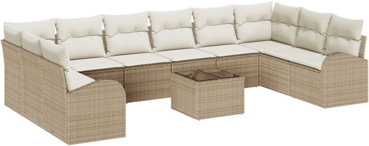 vidaXL - Tuinbank - Set - met - kussen - 11 - pcs - Beige - en - Crème - poly - rattan
