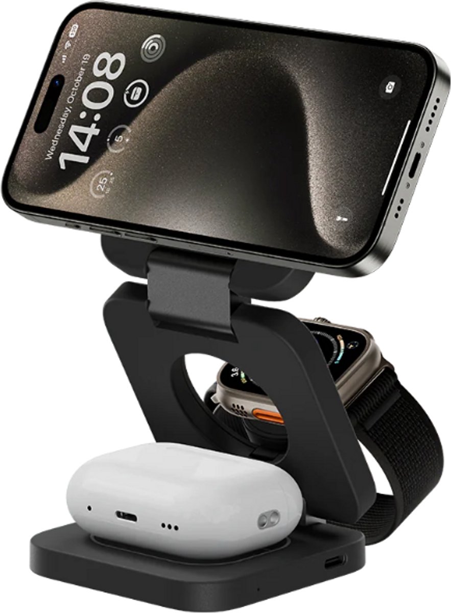 Benks JuicePod 3-in-1 Foldable Charger Stand - Oplaadstation - Draadloos Opladen - Magsafe Compatible - Inclusief kabel - Draagbare & Opvouwbare Oplaadstandaard - Apple Watch oplader - Airpods oplader - Zwart