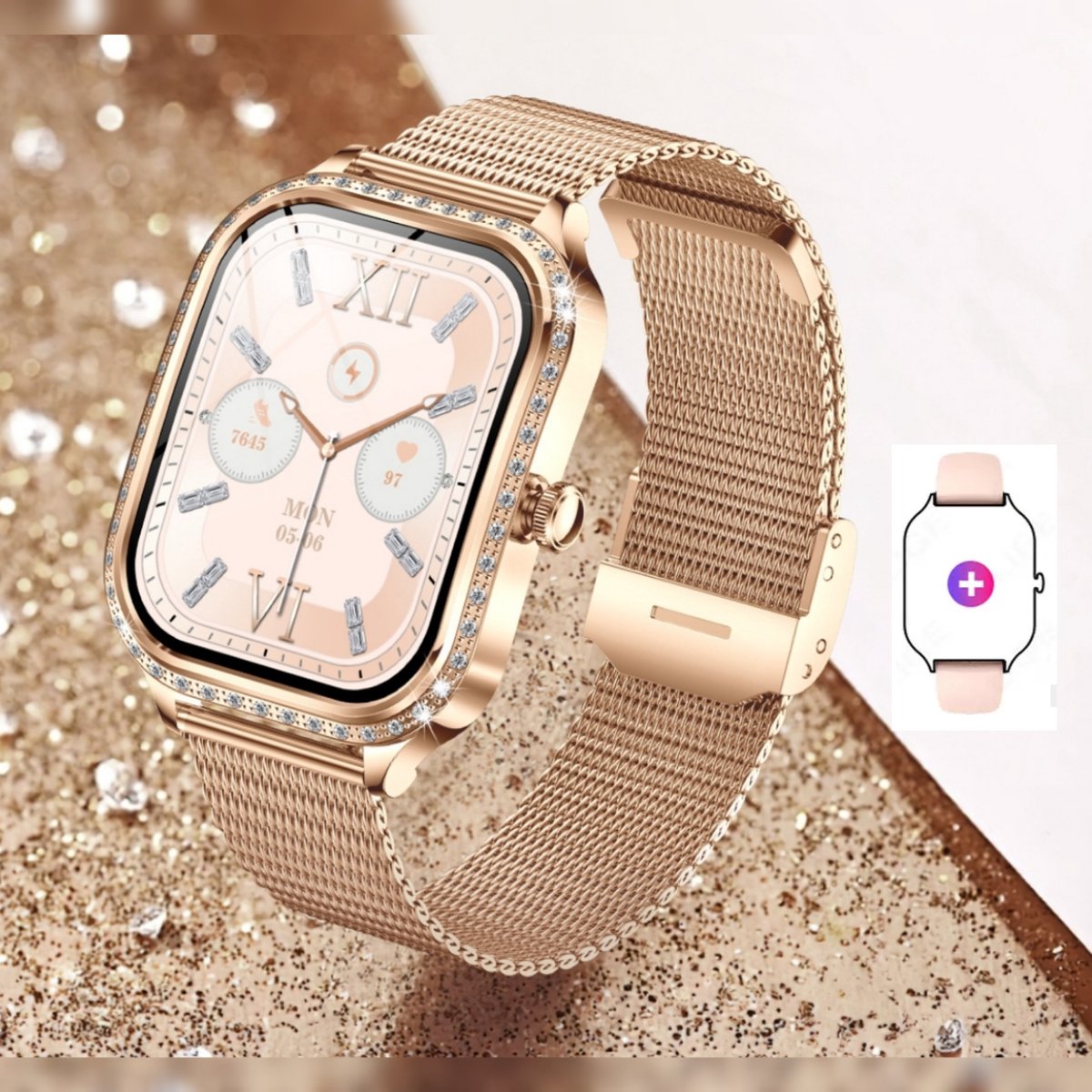 Knobbout 1,75" Scherm HD gebogen scherm smartwatch met ingelegde diamant - Slank, stijlvol en elegant design, speciaal geschikt voor dames - Vrouwelijke gezondheidstracking - Bluetooth-belfunctie - Roségouden staal + roze siliconen horlogebanden