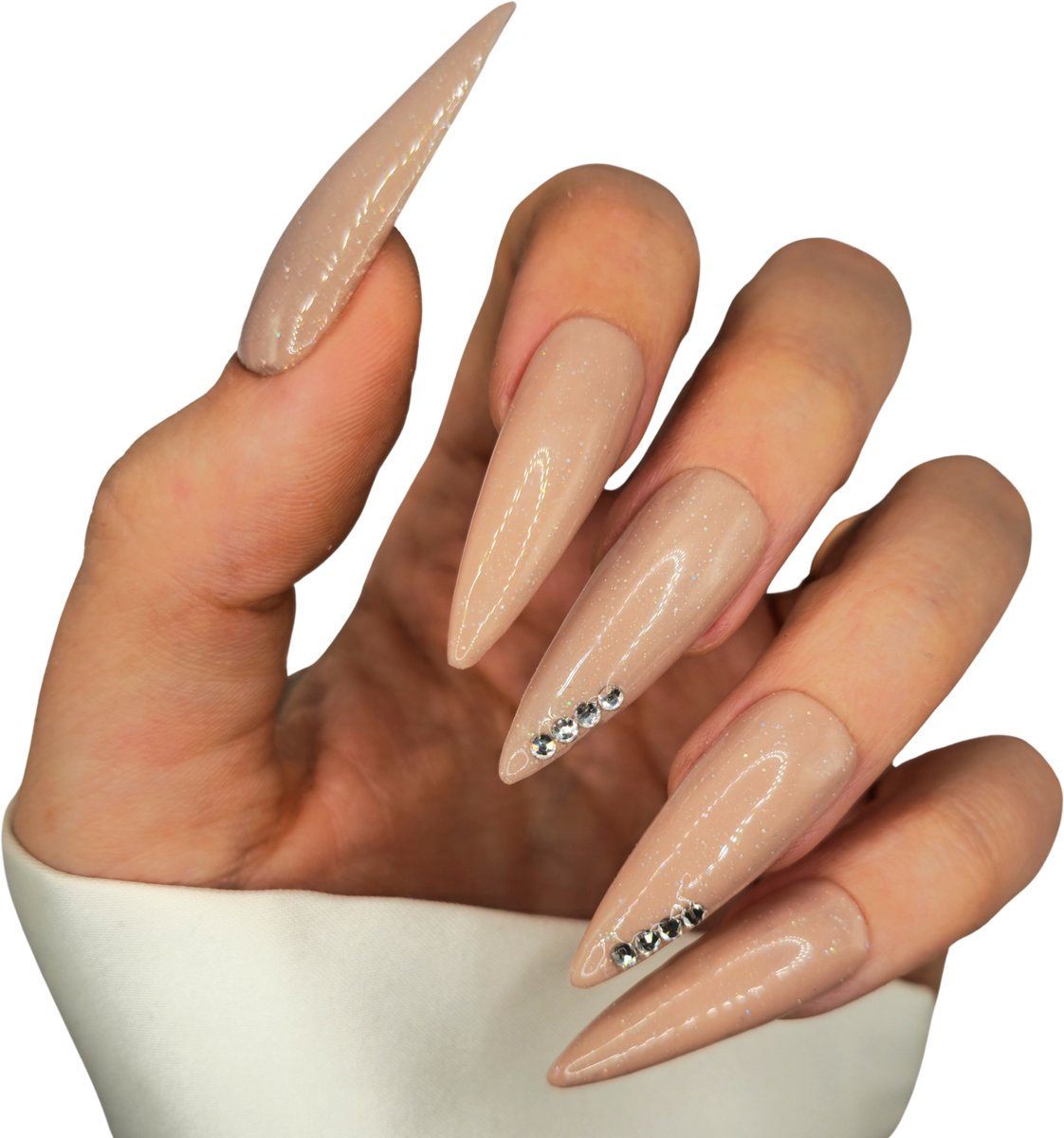 SD Press on Nails - B-271 - Plaknagels met nagellijm - XL Stiletto Kunstnagels - Nude Beige met steentjes - Set 20 Kunstnagels handgemaakt van gellak - Nagellak - Nageltips - Nepnagels - Valse Nagels - Nail Art