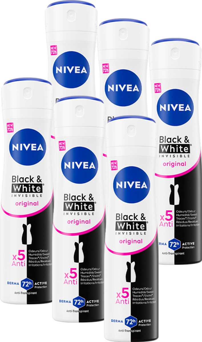Goedkoopste NIVEA Invisible Black & White Clear Anti-Transpirant Deodorant Spray - Original - Anti-vlekken - 72H Bescherming - Voordeelverpakking - 6 x 150ml