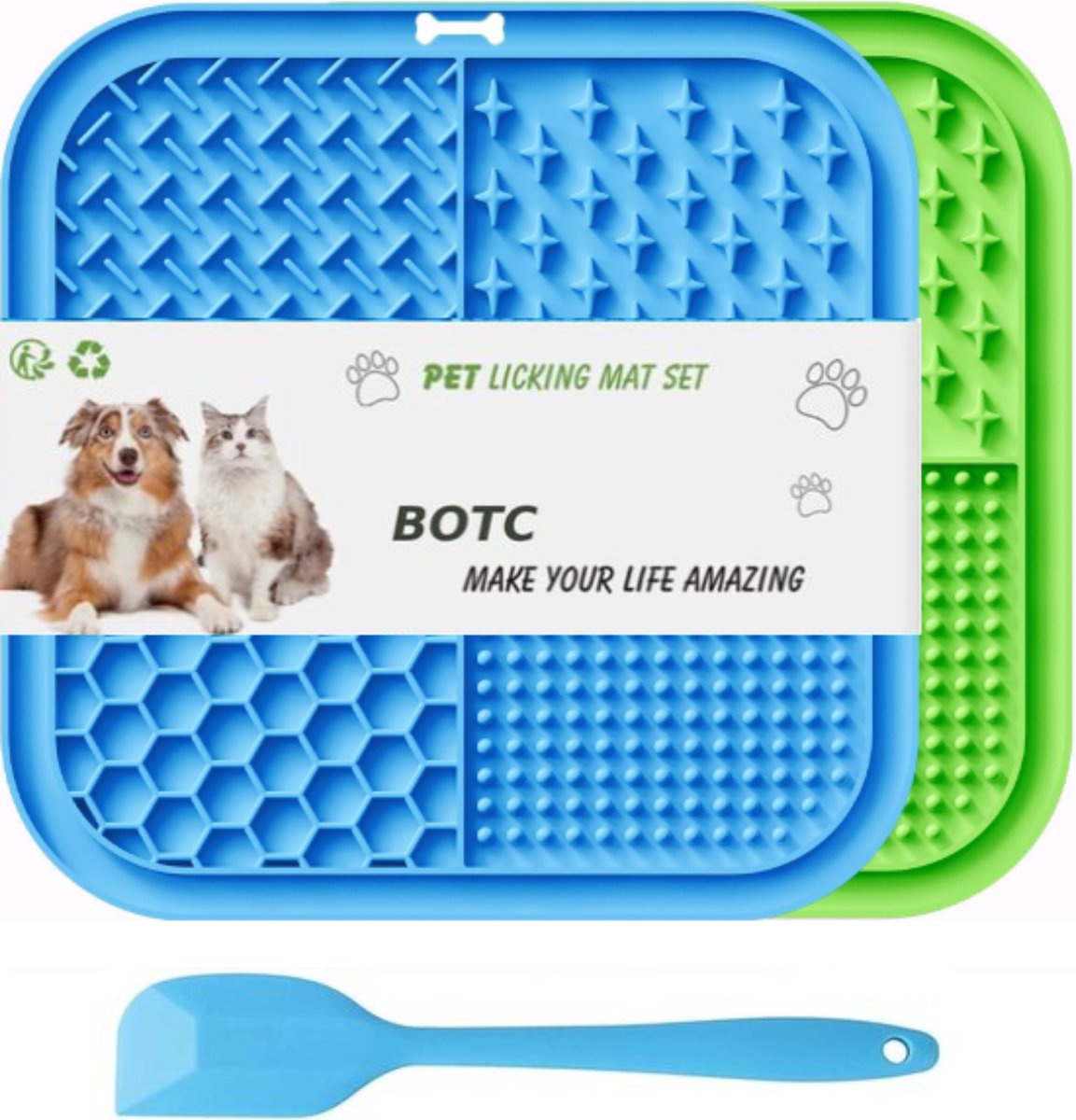 BOTC Likmat Hond met Silicone spatulas – 3-Delig Likmat Voermat Hond – voermat – Slowfeeder Hond – Blauw/Groen