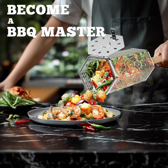 Famanu Rollende grillmanden (2 stuks, zeshoek), afneembaar houten handvat, 304 roestvrij staal, nestend grillnet, barbecue-accessoires gereedschap voor groenten garnalen, buiten koken kamperen van Famanu — afbeelding 4