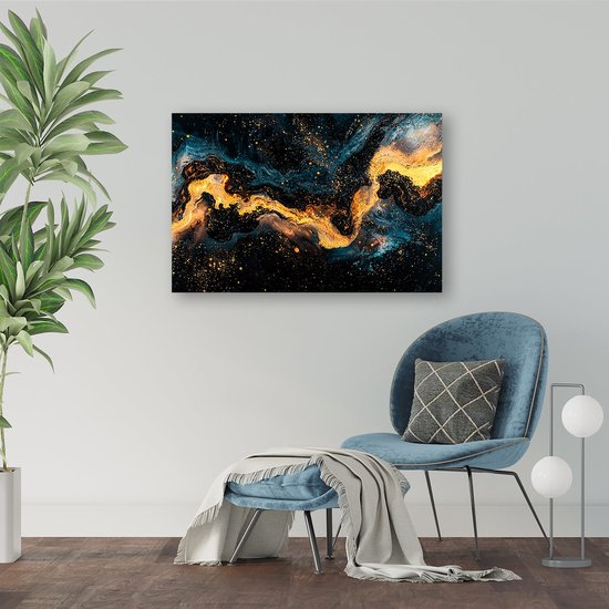 Gouden abstract kosmisch kunstwerk - Kosmos poster - Wanddecoratie sterren - Abstract expressionisme - Posters kunst - Wanddecoratie slaapkamer - poster 70x50 cm