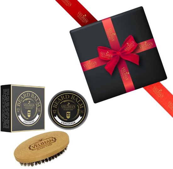 Velihan Beardcare - Duo Soin de la barbe : baume à barbe sans parfum et brosse à barbe - Cadeau homme - Fête des Vaderdag - Cadeau homme - Cadeau Noël - Saint Valentin - Coffret cadeau homme - Coffret cadeau homme - Coffret cadeau anniversaire