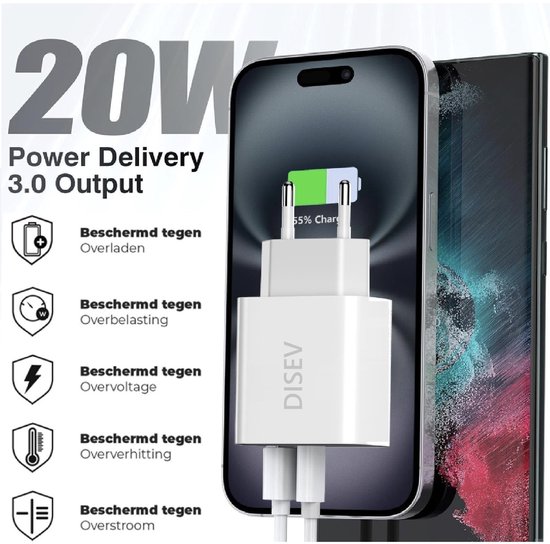Witte DISEV 20W Power Delivery 3.0 oplader, aangesloten op een smartphone. Beschermt tegen overladen.