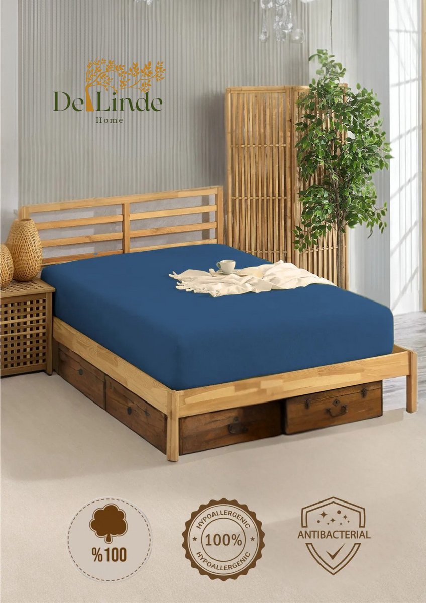 Hoeslaken – 100% Katoen – De Linde – Soft-Hoeslaken – Blauw – 200x200 cm – Tweepersoons – Zacht & Ademend – Elastische Hoeken tot 35 cm – Rondom elastiek – Hoekhoogte tot 35cm – Hypoallergeen – Duurzaam – Perfecte Pasvorm