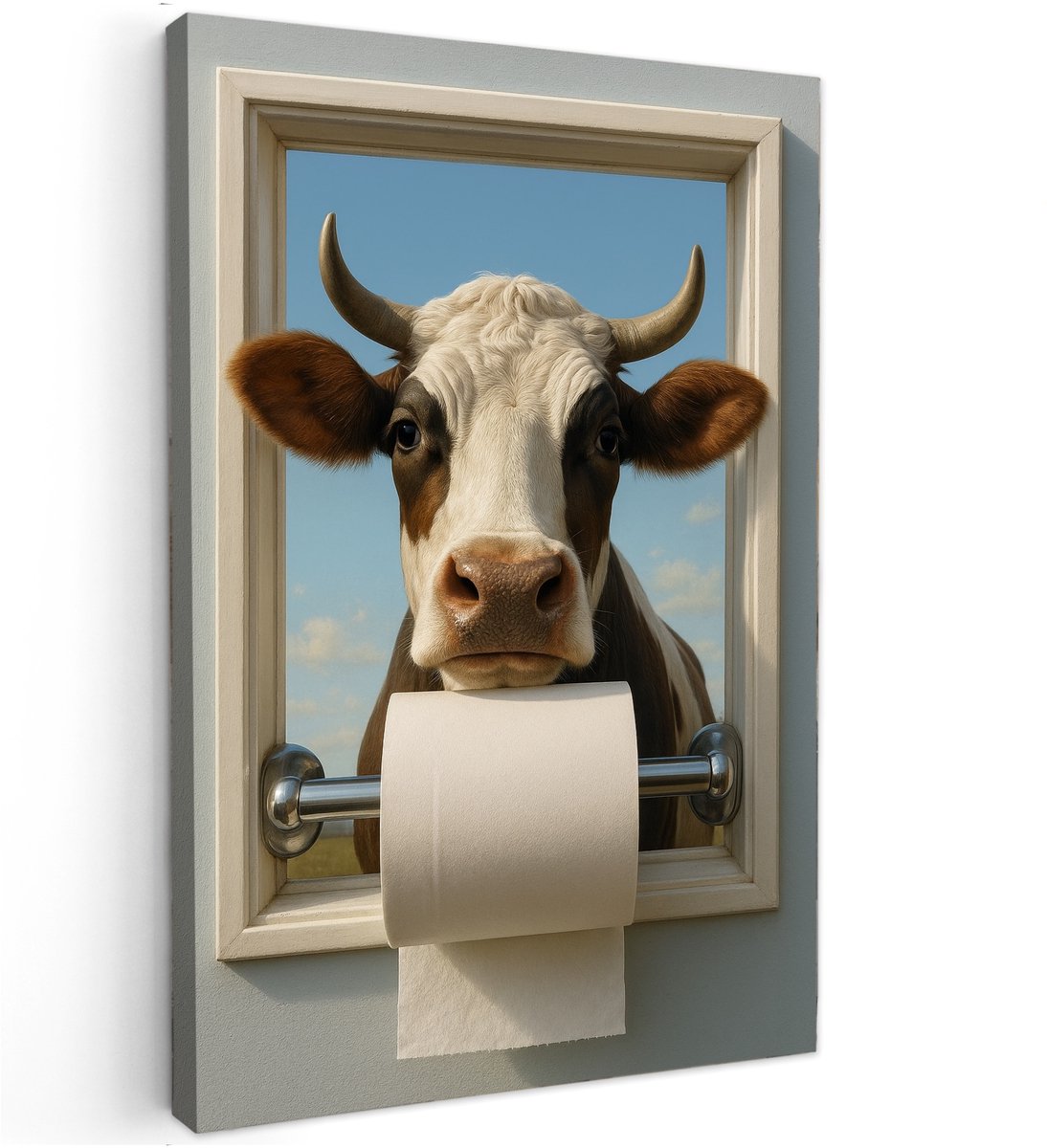 Canvas schilderij - De koe kijkt speels met een toiletrol - 60x40 cm - wc - portret - koe - wcrol - wcpapier - gang - boer