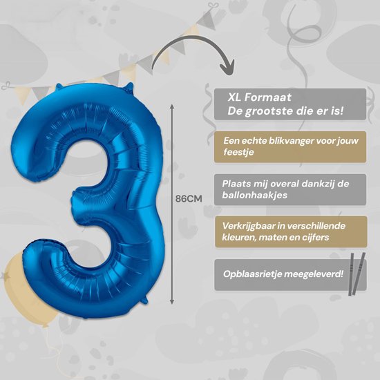 LUQ - Ballons Chiffrés - Ballon Chiffré 3 Ans - Couleur Blauw - XL Groot - Ballon à Hélium - Décoration Anniversaire