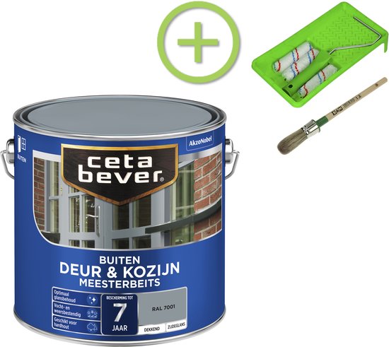 CetaBever - CetaBever - Pakket - Buiten Deur & Kozijn Beits - Zijdeglans - RAL 7001 - Zilvergrijs - 2.5 Liter + Beitsset