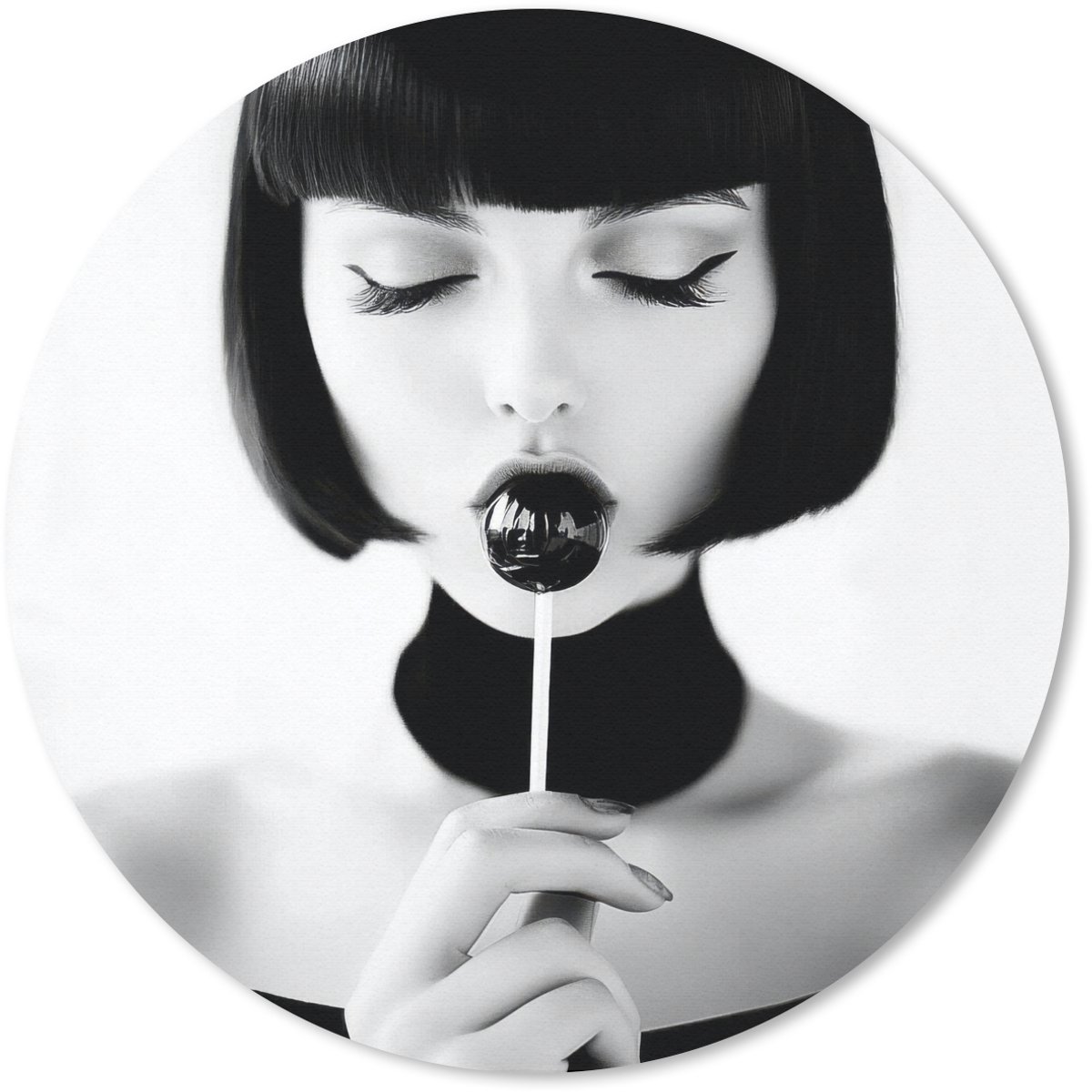 Muismat rond 30x30 cm - Mousepad Vrouw - Lolly - Zwart - Wit - Ronde muismatten