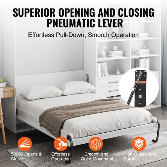 VEVOR Murphy Bed Kit, volledige grootte, Deluxe DIY wandbed mechanische hardware kit, pneumatische hendel zware bedframe ondersteuning, vouwkast wandbed ruimtebesparend ontwerp voor logeerkamer