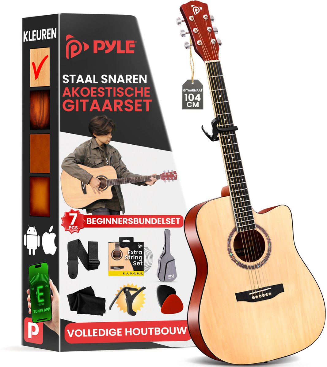 Pyle Akoestische Gitaar - Volledige Maat Gitaar met Natuurlijke Matte Afwerking - Voor Beginners, Volwassenen, Kinderen - Rechtshandig
