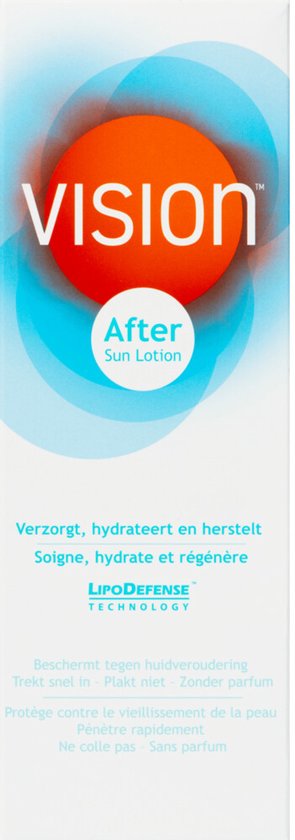Verpakking met Vision After Sun Lotion. Wit met oranje en blauwe cirkel en logo.