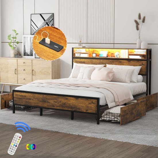 Tweepersoonsbed 160x200 cm van metaal en hout met PU-gevoerd hoofdeinde
