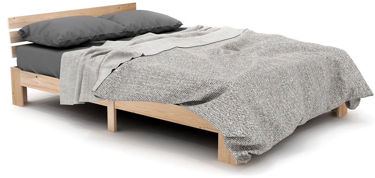 Merax Houten Bed met Hoofdeinde - 140x200 cm - Massief Hout - Lattenbodem - Natuurlijk Kleur - Geschikt als Logeerbed