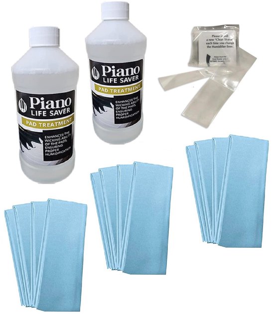 Piano life saver system - Dampp chaser | BULKVERPAKKING | 2x Pad treatment fles + 12 Humidifier Pads + 6 clean sleeves | Piano life Saver PLS | - Pad treatment - 473 ml - 2x fles met dop Dampp-Chaser