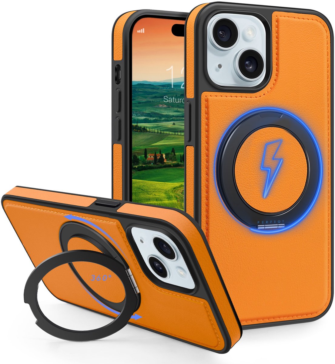 Perfeqt hoesje geschikt voor iPhone 15 leren BackCover met 360° Kickstand & Keyring houder - Sunset Orange