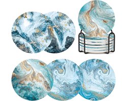 iBright Onderzetters voor glazen - Set van 8 met houder - Absorberend - Rond - Blauw / Wit / Goud - Marble - Marmer Design - Coasters