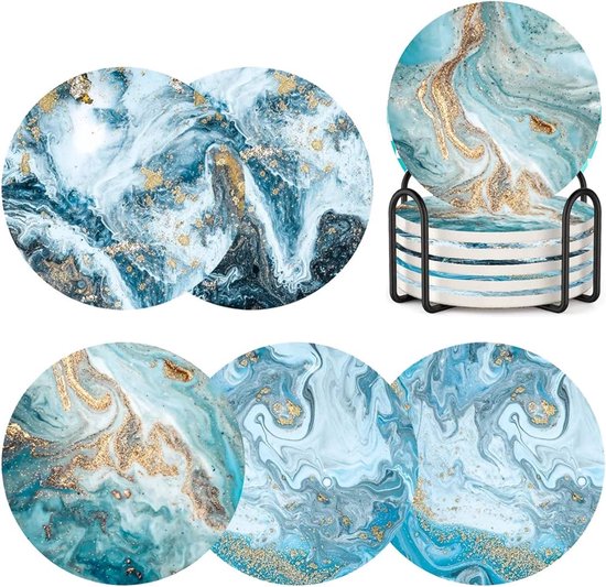 iBright Onderzetters voor glazen - Set van 8 met houder - Absorberend - Rond - Blauw / Wit / Goud - Marble - Marmer Design - Coasters