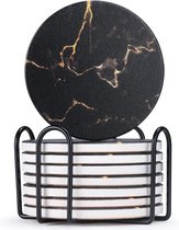 Sous-verres de verre iBright - Set de 8 avec support - Absorbants - Ronds - Zwart / Goud - Marbre - Design marbre - Dessous de verre