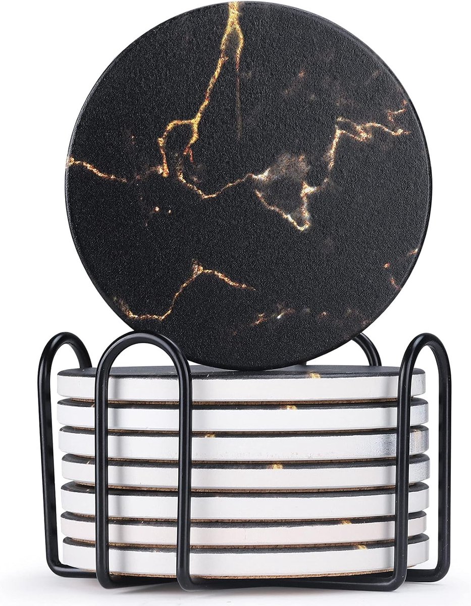 iBright Onderzetters voor glazen - Set van 8 met houder - Absorberend - Rond - Zwart / Goud - Marble - Marmer Design - Coasters