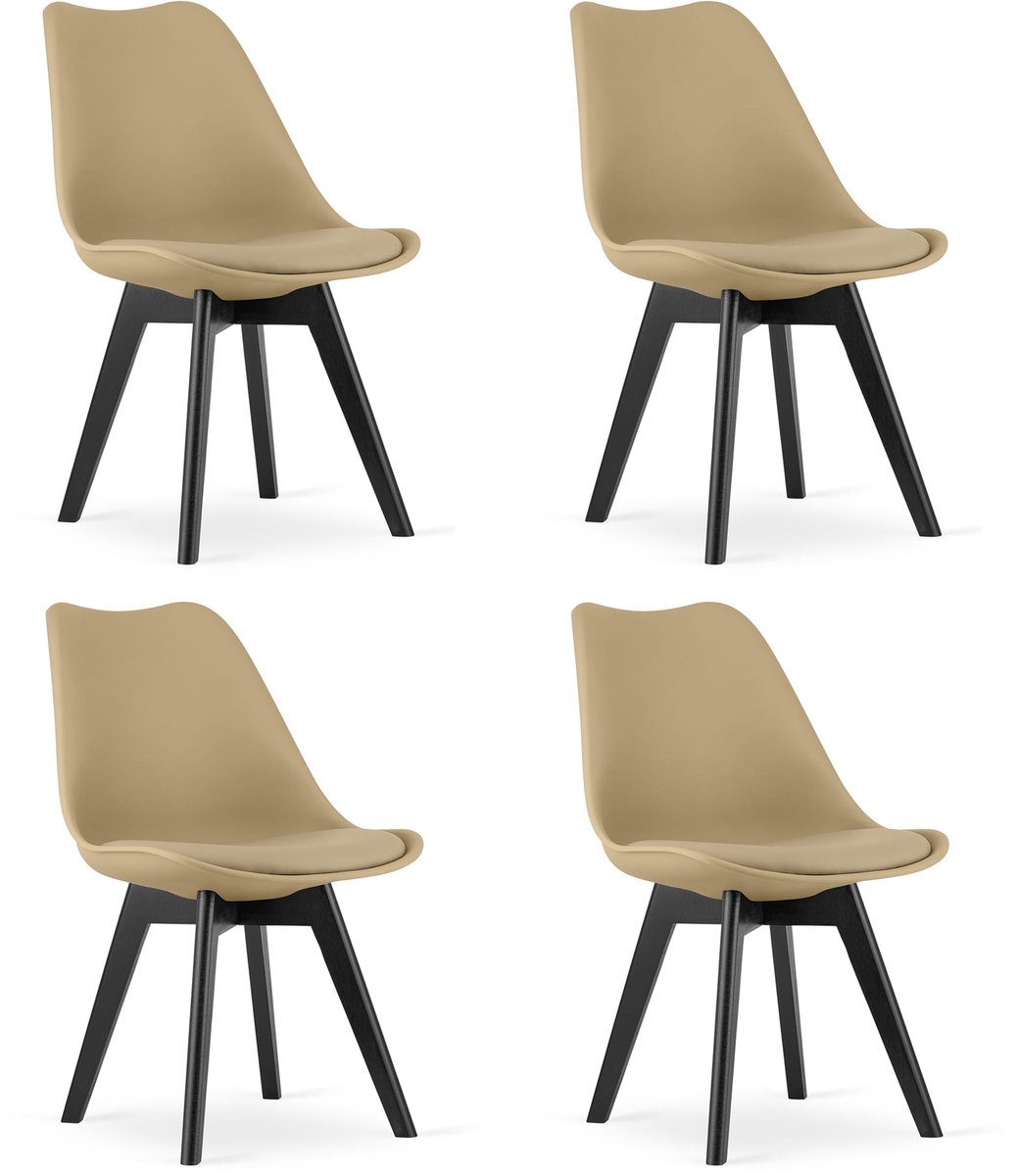 LEOBERT Set van 4 Stoelen MARK – Donkerbeige, Zwarte Beukenhouten Poten, Kunststof Zitting met Kunstlederen Kussen, Strak Design, Ergonomisch, Geschikt voor Keuken, Eetkamer, Kantine en Werkruimte, Max. 120 kg