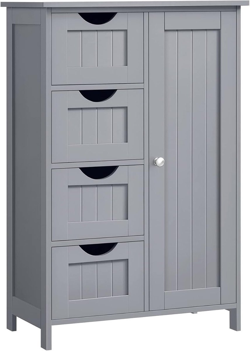 Furnstar - Badkamerkast - Smalle badkamerkast - Bijzetkast - Commode met 4 laden - Met kastdeur en verstelbare plank - 30 x 55 x 82 cm - Duifgrijs