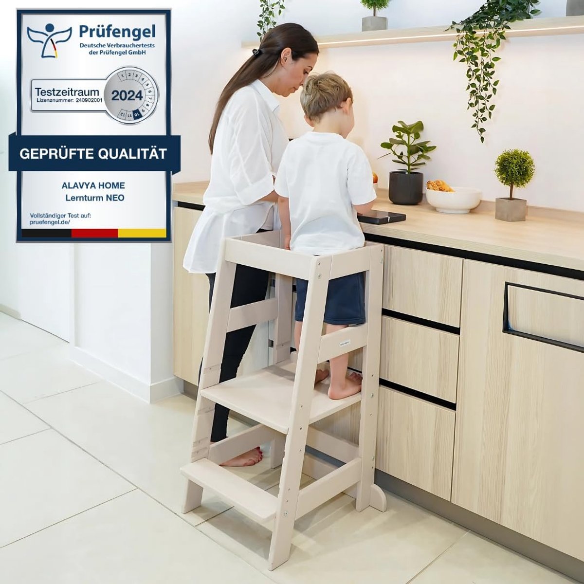 Montessori NEO Learning Tower - Stand Aid for Children Kitchen Stool with Tilt Protection, Height Adjustable - Load up to 70 kg - Beige/Grey
