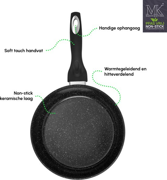 MK Maison & Kitchen koekenpan met zwarte marmeren coating, soft touch handvat en ophangoog.