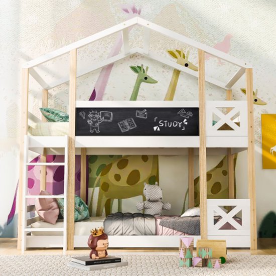 Lit Cabane Enfant 90x200 Avec Toboggan Et Tableau Noir - Mezzanine Jeu En Bois Massif - Chambre Enfant Espace Jeu Et Sommeil