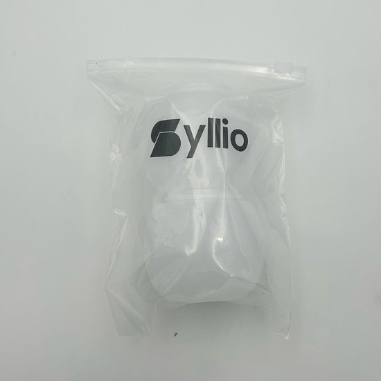 Boule doseuse Syllio blanche dans un sac en plastique transparent à fermeture éclair.