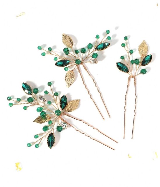 Haarsieraden op goudkleurige pin versierd met goudkleurige blaadjes en smaragdgroene en naturelkleurige strassteentjes, 3 stuks (huwelijk, communie, cosplay, uitgaan, Kpop, kawaii)