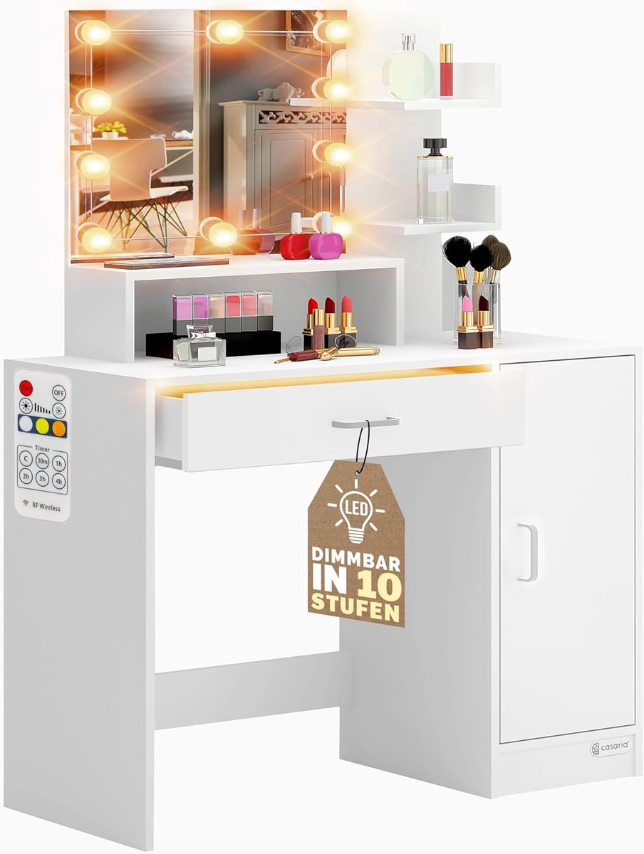Kaptafel met LED Verlichting 90x40x140cm | Modern Houten Cosmetica Tafel met Spiegel en Lades | Slaapkamer Make-up Meubel