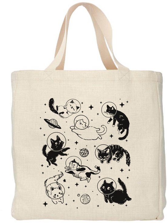 Creasowl® - Space katten tote bag - Boodschappentas 38 x48 cm - Polylinnen- Kat tas - Shopper - Canvas tas - Boodschappen tas - Totebag - Schoudertas - Draagtas - Katten mama