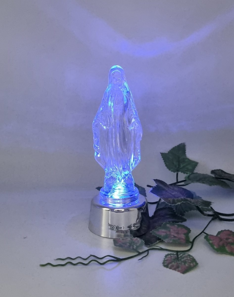 Maria beeldje - LED verlichting - Transparant - Blauw led - Zilver - 19 cm - Beeld - Figuur - Maria