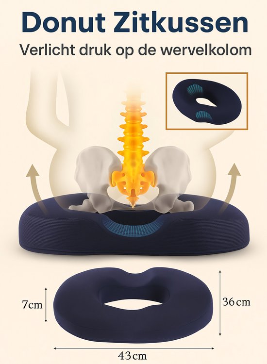 TDR - Orthopedisch Kussen van Traagschuim - Ringkussen - Donut Zitkussen - Ergonomisch - Verlicht Druk op Stuitje - Stoel | Rolstoel | Autostoel | Zwangerschap - Afneem en Wasbare Hoes - Anti-Slip Bodem - Navy Blue