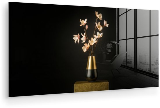 MuchoWow® Peinture sur verre 120x60 cm - Peinture acrylique sur verre - Gracieux - Bouquet - Or - Vase - Photo sur verre - Décoration murale salon - Décoration murale chambre - Peintures