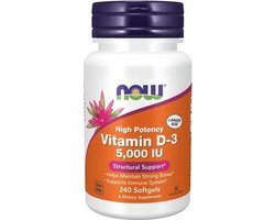 Vitamine D-3 - 5000 IU en 125 mcg - hoog gedoseerd - zonder gentechnologie - glutenvrij - sojafvrij - 240 softgels - NOW Foods