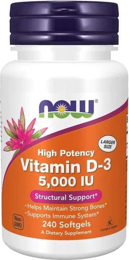 Foto: Vitamine d 3 5000 iu en 125 mcg hoog gedoseerd zonder gentechnologie glutenvrij sojafvrij 240 softgels now foods