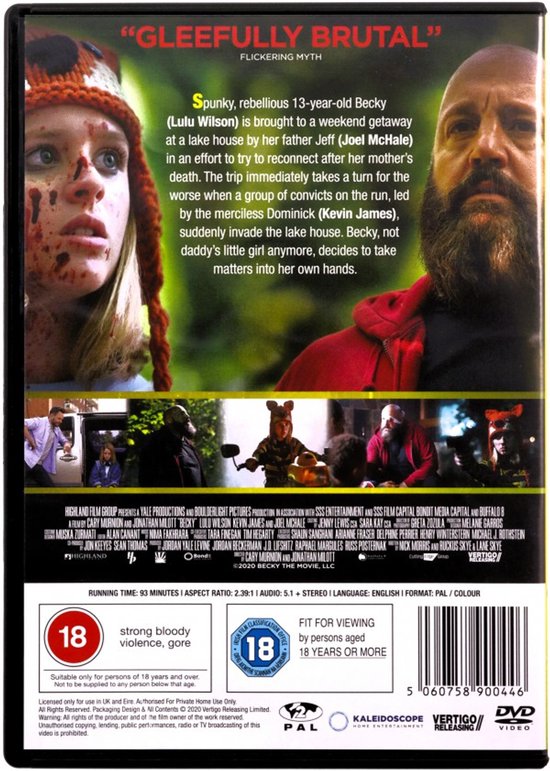 De achterkant van de "Becky" DVD-hoes toont de tiener Becky en de man, met recensies en een beschrijving van de film.